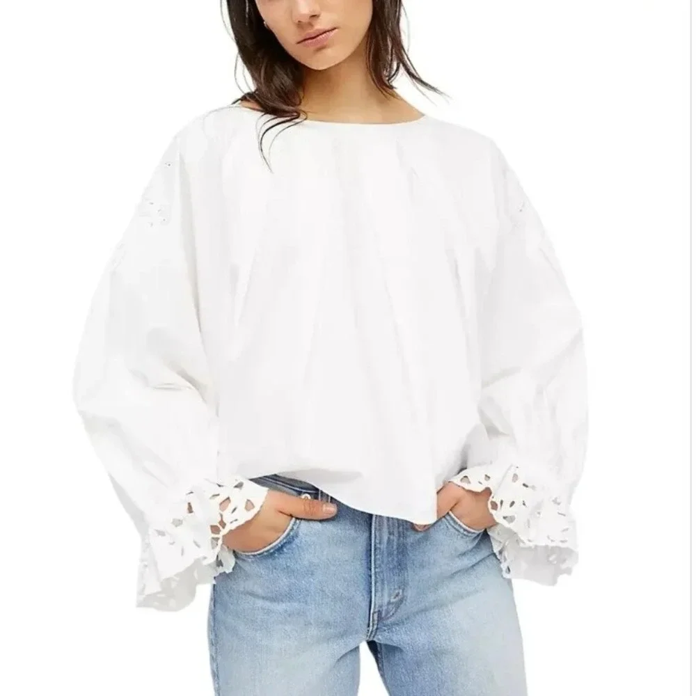 Free People Wishing Well Blouse Size L White NEW Eyelet Embroidered Balloon